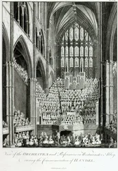 Ansicht des Orchesters und der Darsteller in der Westminster Abbey während der Gedenkfeier für Händel, veröffentlicht von Charles Burney, 1785
