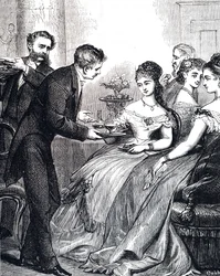 Gravur, die einen Gentleman zeigt, der einer Dame ein Gelee-Gericht bei einem Abendessen reicht