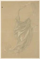 Draperiestudie einer nach rechts schreitenden Figur, der Mantel über den Kopf geschlagen