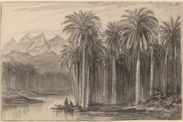 Figuren, die von einem Palmengarten (Wady Feiran) in Kanus aufbrechen