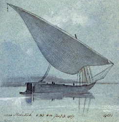 Studie eines Gyasi (ägyptisches Boot) in der Nähe von Malatieh (oder Malatia, Ägypten). Farbige Aquarellzeichnung