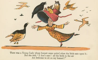 Es war eine junge Dame, deren Haube sich löste, als die Vögel darauf saßen, aus 