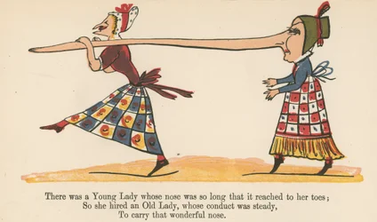 Es war eine junge Dame, deren Nase so lang war, dass sie bis zu ihren Zehen reichte, aus 