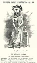 Karikatur: Sir Andrew Clarke, britischer Arzt, Leibarzt von William Ewart Gladstone (Gravur)