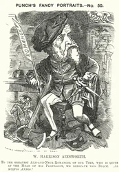 Punch-Karikatur: William Harrison Ainsworth, englischer Historienromanautor (Gravur)