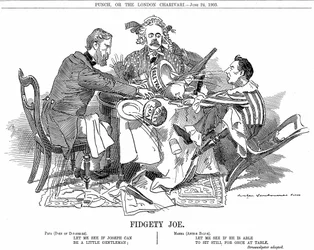 Koalitionsregierung. Der Herzog von Devonshire und Arthur Balfour in der Mitte versuchen, Joseph Chamberlain, den Führer der kleineren Koalitionspartei, unter Kontrolle zu halten. Im September 1903 trat er zurück, um frei für seine Zollreformen eintreten