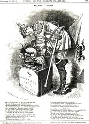 Unterdrückung. Otto von Bismarck (1815-1898), deutscher Kanzler, versucht, den Geist des Sozialismus zurück in seine Kiste zu zwingen. Die Bildunterschrift sagt ihm, dass jeder Akt der Unterdrückung wie ein Elixier für den menschlichen Wunsch nach mehr Fre