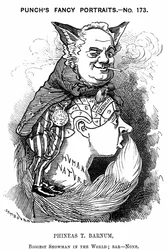 Phineas Taylor Barnum (1810-1891) amerikanischer Schausteller: Mitbegründer des Barnum und Bailey Zirkus. Edward Linley Sambourne Karikatur aus Punch London 1884 in der Fancy Portraits Serie zeigt Barnum als listigen Fuchs, der die phrenologische Beule der