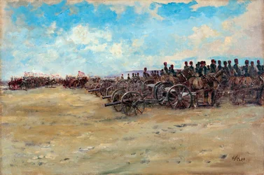 Königliche Pferdeartillerie und Lanzenreiter warten auf den Abmarsch, 1898
