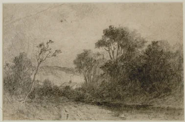 Landschaft mit Dächern hinter Bäumen (#49) ca. 1880er (Graphit auf Papier)