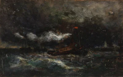 Sturm, Brenton Leuchtfeuerboot im Sturm, Leuchtturm im Hintergrund, n.d.