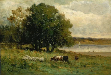 Ohne Titel (Rinder am Fluss mit Segelboot in der Ferne)