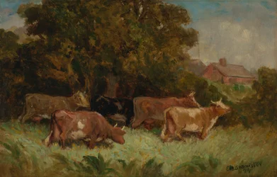 Ohne Titel (fünf Kühe auf der Weide, Dach im Hintergrund)