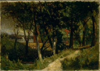 Ohne Titel (Landschaft, Waldszene mit rotem Zaun und Gebäude)