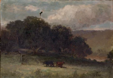 Ohne Titel (Landschaft mit Bäumen und zwei Kühen auf der Wiese)