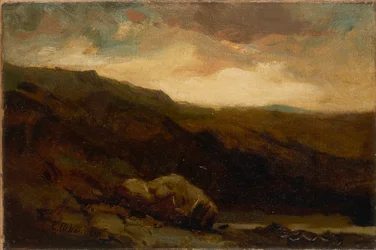 Ohne Titel (bergige Landschaft mit Felsen und Bach im Vordergrund)