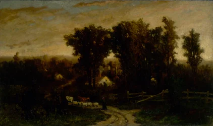 Ohne Titel (Frau mit Rindern und Schafen in der Dämmerung)
