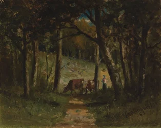 Ohne Titel, Kühe auf einem Pfad im Wald, 1883