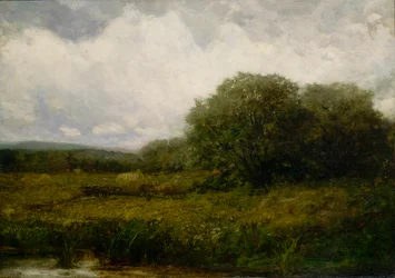 Ohne Titel: Landschaft mit Ochsen und Heuwagen, die eine Brücke überqueren, n.d.