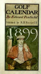 Golfer, der neben Schlägern sitzt, Aquarellzeichnung. (1899?) von Edward Penfield 1866-1925, amerikanischer Künstler.