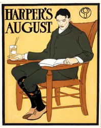 Mann auf einem orangefarbenen Stuhl sitzend, Augustausgabe von Harper