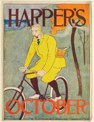Mann im gelben Anzug auf einem Fahrrad, Oktober-Ausgabe von Harper