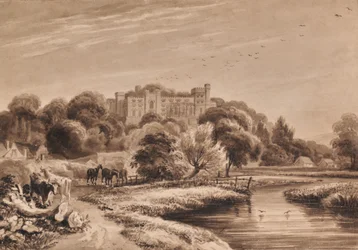 Landschaft mit Kühen und Pferden