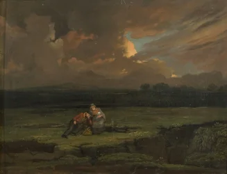 Ein Soldat und seine Frau und Kind in einer stürmischen Landschaft