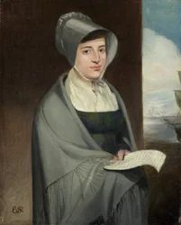 Porträt einer Dame in grauem Hut und Schal