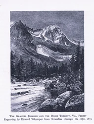 Die Grand Jorasses und der Doire Torrent, Val Ferrett, aus British Adventure, veröffentlicht von Collins, 1947