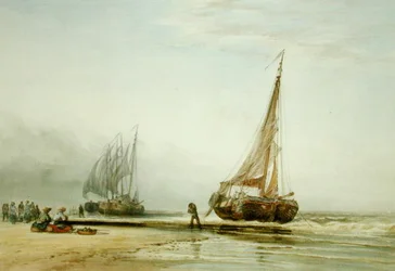 Niederländische Fischerboote am Strand mit Gruppen von Fischern