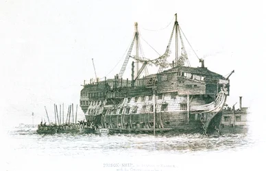 Gefängnisschiff im Hafen von Portsmouth mit den an Bord gehenden Sträflingen