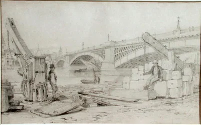 Ansicht der Southwark Bridge und der Themse von Bankside, mit zwei Kränen im Vordergrund