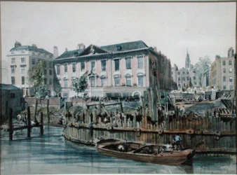 Ansicht eines Holzkoferdamms, der Pfahlrammen und Hebezeuge für die London Bridge umschließt