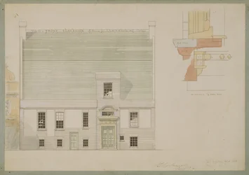 Vorderansicht des Hauses für J.A.M. Whistler Esq, Tite Street, Chelsea, 1877 (Feder und Tinte und Aquarell auf Papier)