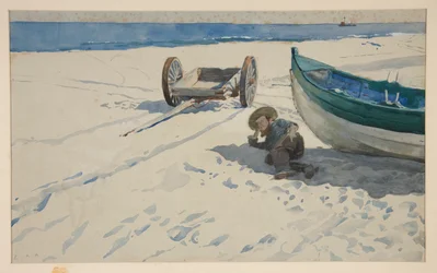 Strandszene mit einem Mann, der sich im Schatten eines Bootes ausruht