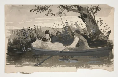 Mann und Frau im Ruderboot, nahe dem Flussufer - nicht identifizierte Illustration
