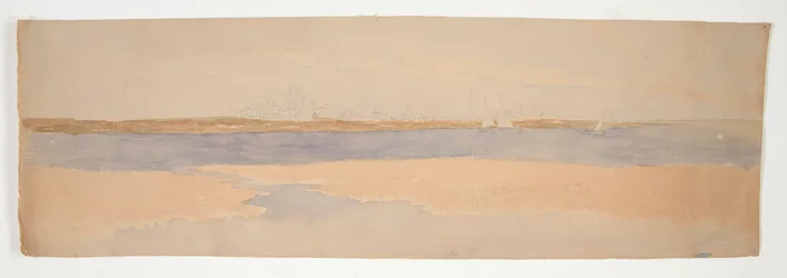 Flusslandschaft mit Stadt am fernen Ufer