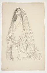 Skizze einer verhüllten weiblichen Figur im Gebet für Drei Marien am Kreuz