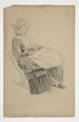 Studie einer älteren Frau im Schaukelstuhl, lesend