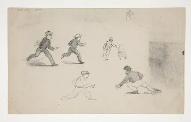 Drei Studien (Männer mit Pferden, Kopfstudie) (recto); Sechs Studien von laufenden Figuren, Studie eines Glockenturms (verso)