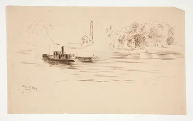Schlepper schiebt Lastkahn auf dem Fluss