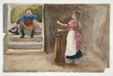 Frau beim Buttern, Mann in Revolutionskleidung beobachtet - (unidentifizierte Illustration)