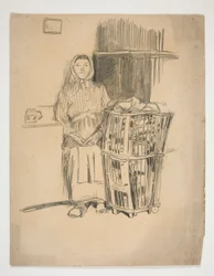 Frau mit Wäschekorb(?) - nicht identifizierte Illustration
