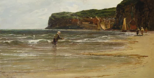 Küstenansicht mit Frau beim Garnelenfischen, ca. 1900