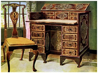 Schreibtisch mit Nussbaumintarsien, 1910