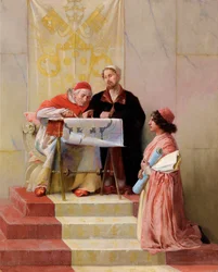 Papst Julius II. betrachtet die Pläne des architektonischen Projekts von Bramante für die Basilika St. Peter