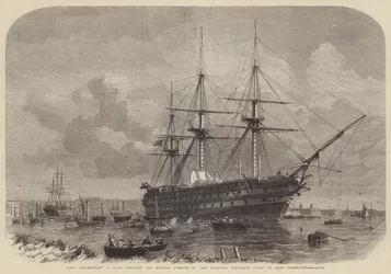 HMS Agamemnon, 91 Kanonen, das englische Teil des atlantischen Unterseekabels in East Greenwich verladen