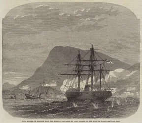 HMS Bulldog im Konflikt mit der Flottille und den Forts am Kap Haytien, an der Küste von Haiti