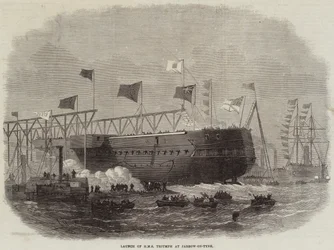 Stapellauf der HMS Triumph in Jarrow-on-Tyne